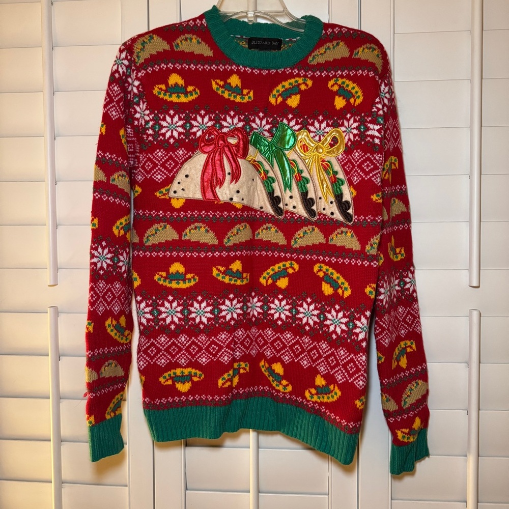 Ugly Christmas Sweater with Taco Design, Unisex S, Slightly Worn